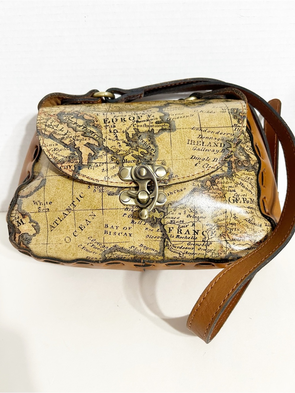 Patricia Nash Lucia European Map Crossbody Bag Tan Full-Grain Leather Vintage - Picture 4 of 16